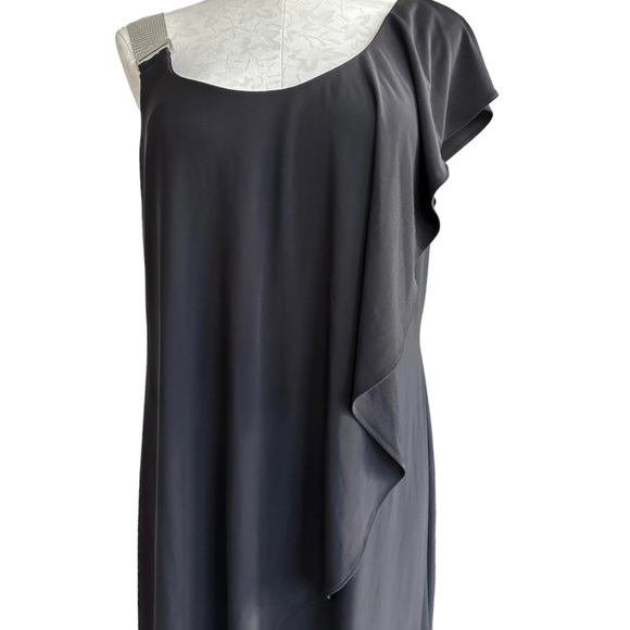 Black Cocktail Dress One Shoulder Silver Chain Strap One Flutter Fits Large - Picture 8 of 12